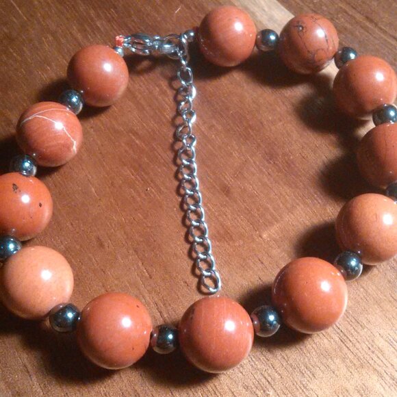 Red Jasper and Hematite Rhodium over Stainless Steel Beaded Bracelet - Picture 4 of 9